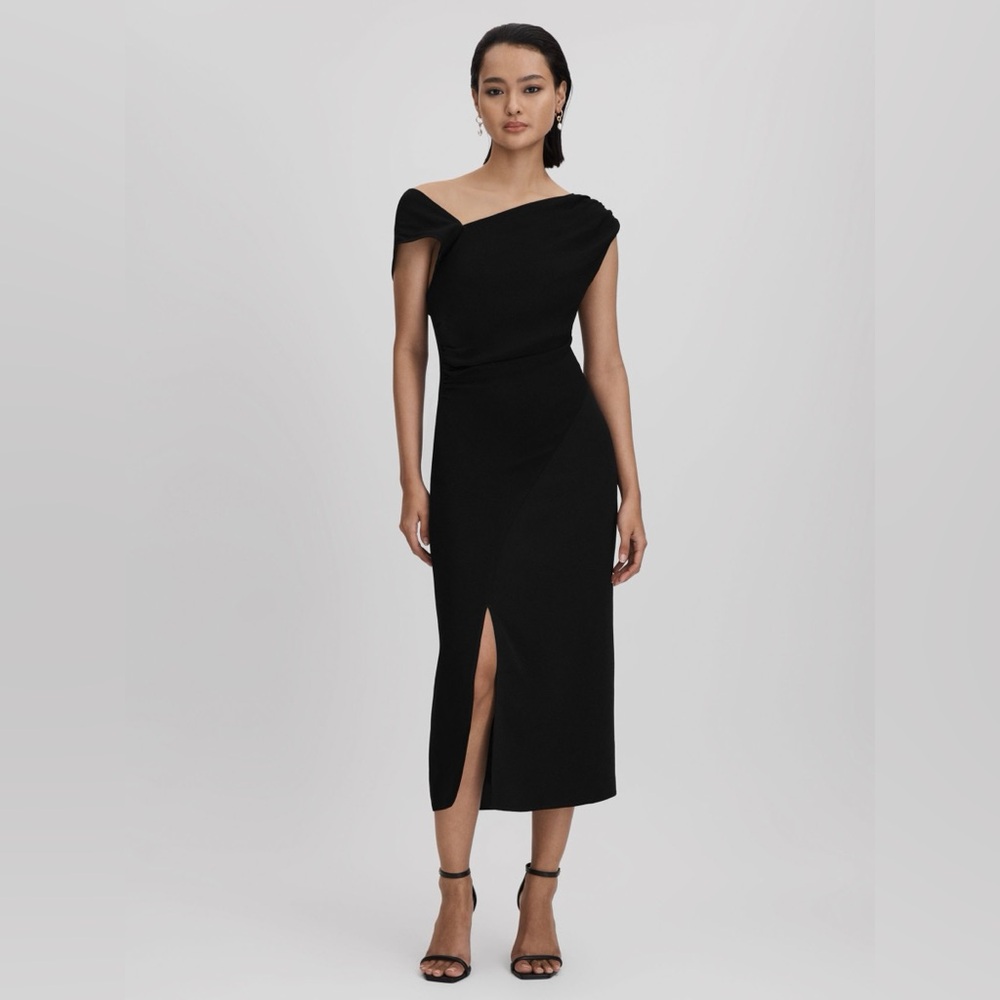 NWT Reiss Black One-Shoulder Midi Dress with Front Slit
